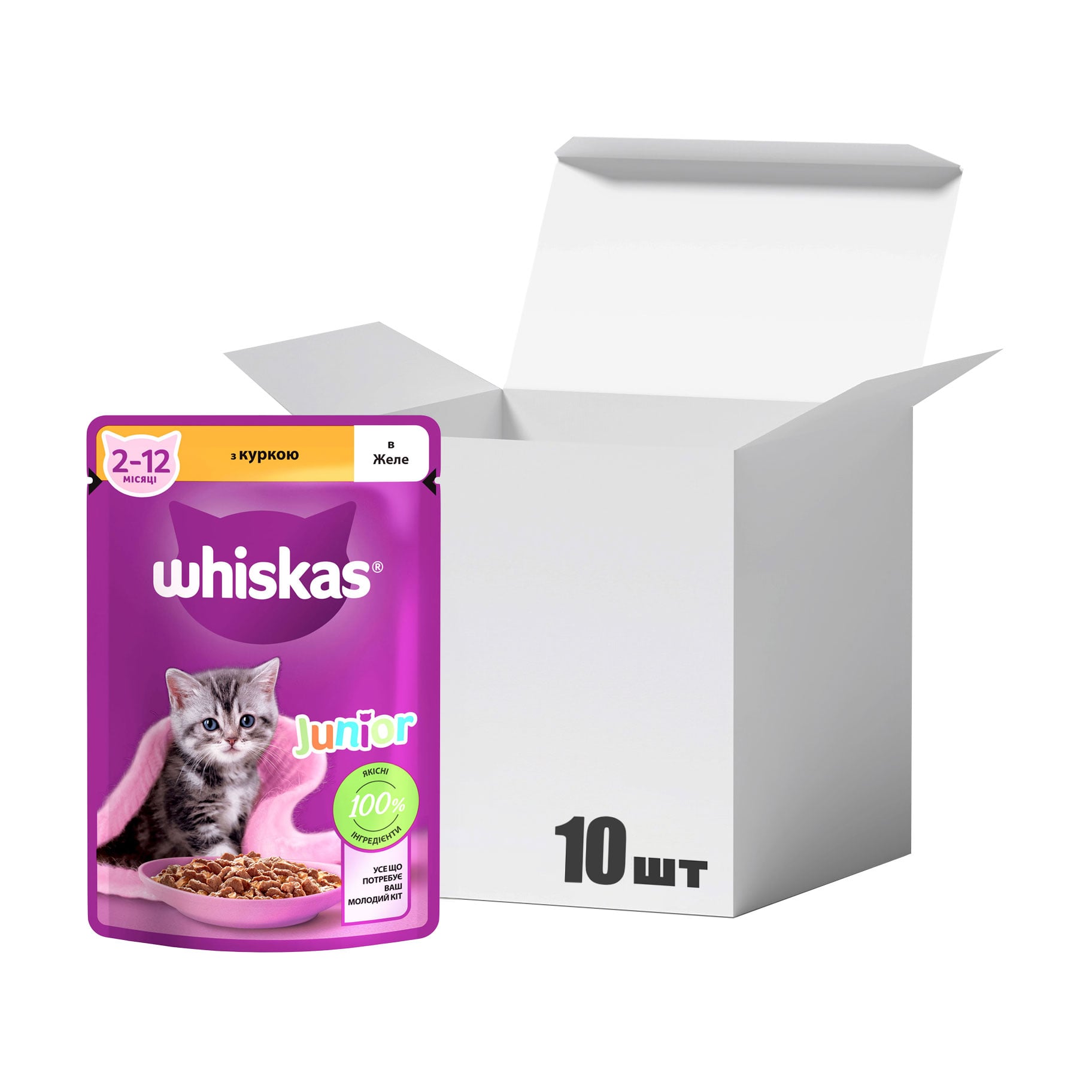 Упаковка вологого корму для кошенят Whiskas Junior з куркою в желе, 85 г * 10 шт